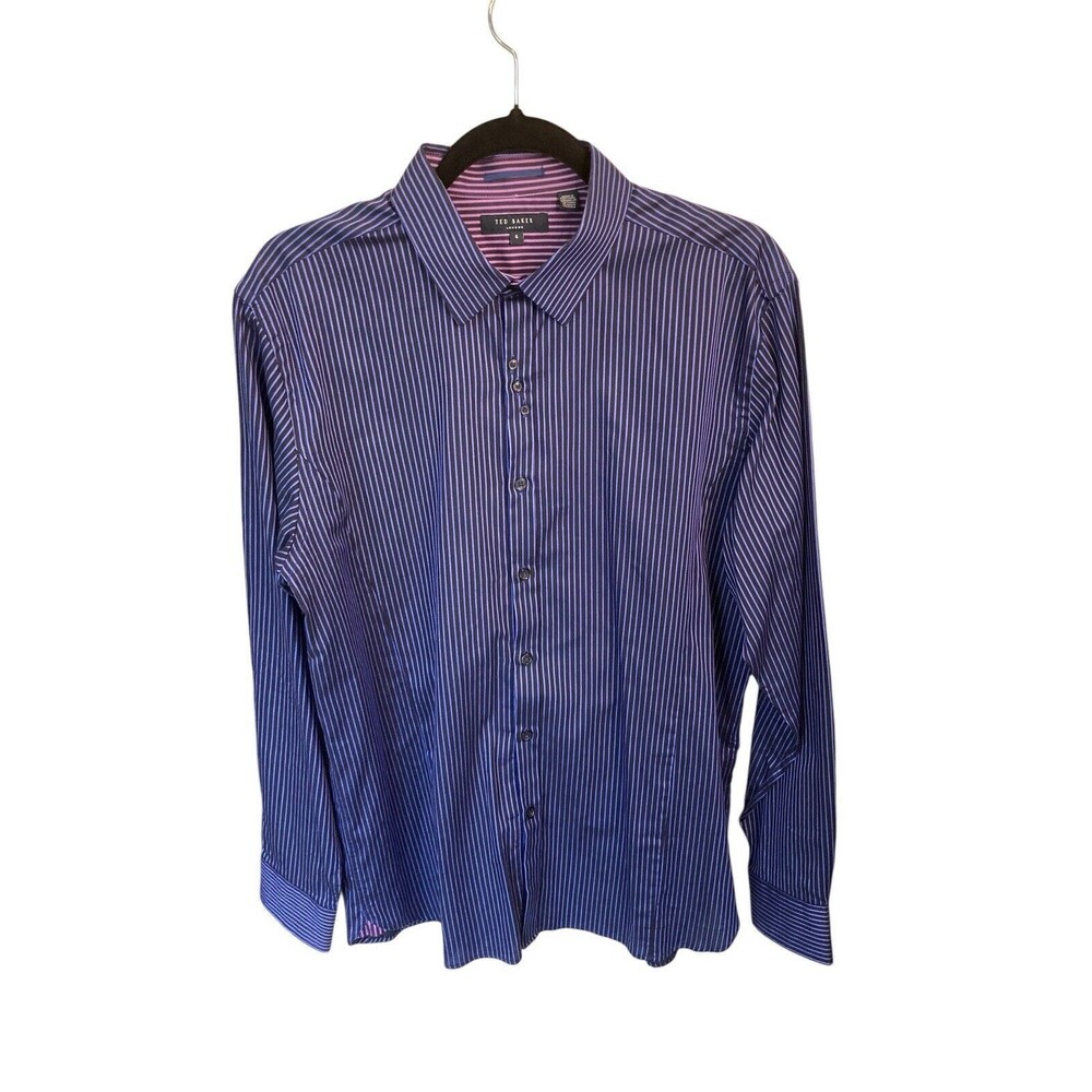 Ted Baker‎ Mens Striped Button Down Shirt Size 4 Blue Contrast Collar